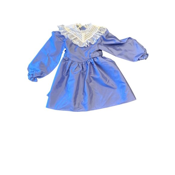 Vintage 80s Polly Flinders Girls Blue Long-Sleeve Dress Lace Back Tie Sz 4 - Picture 1 of 7